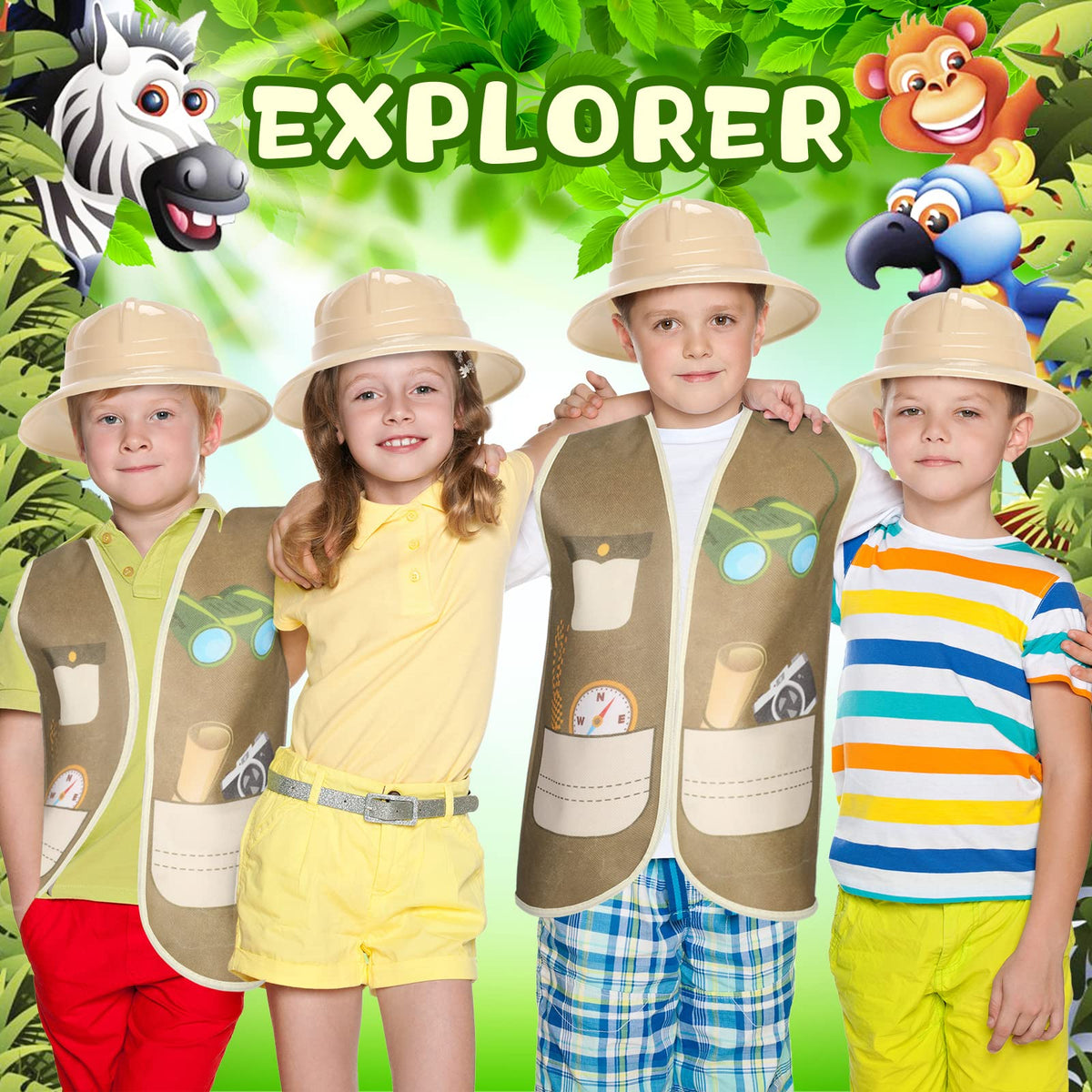 Geyoga safari party hats for kids at themed events.