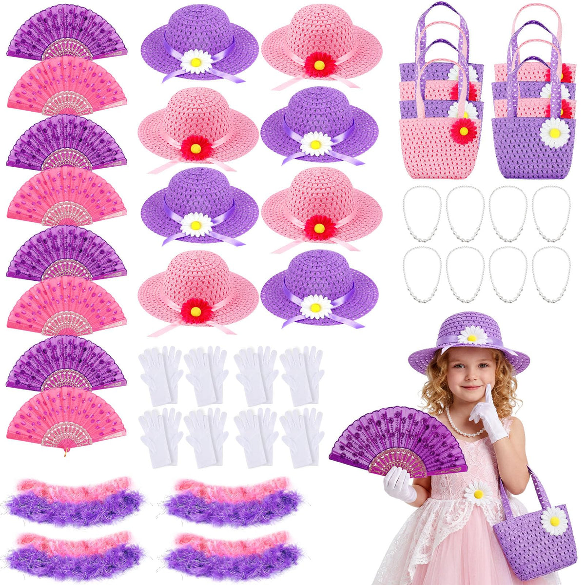 Geyoga tea party hats set for pretend play with ribbons and flowers