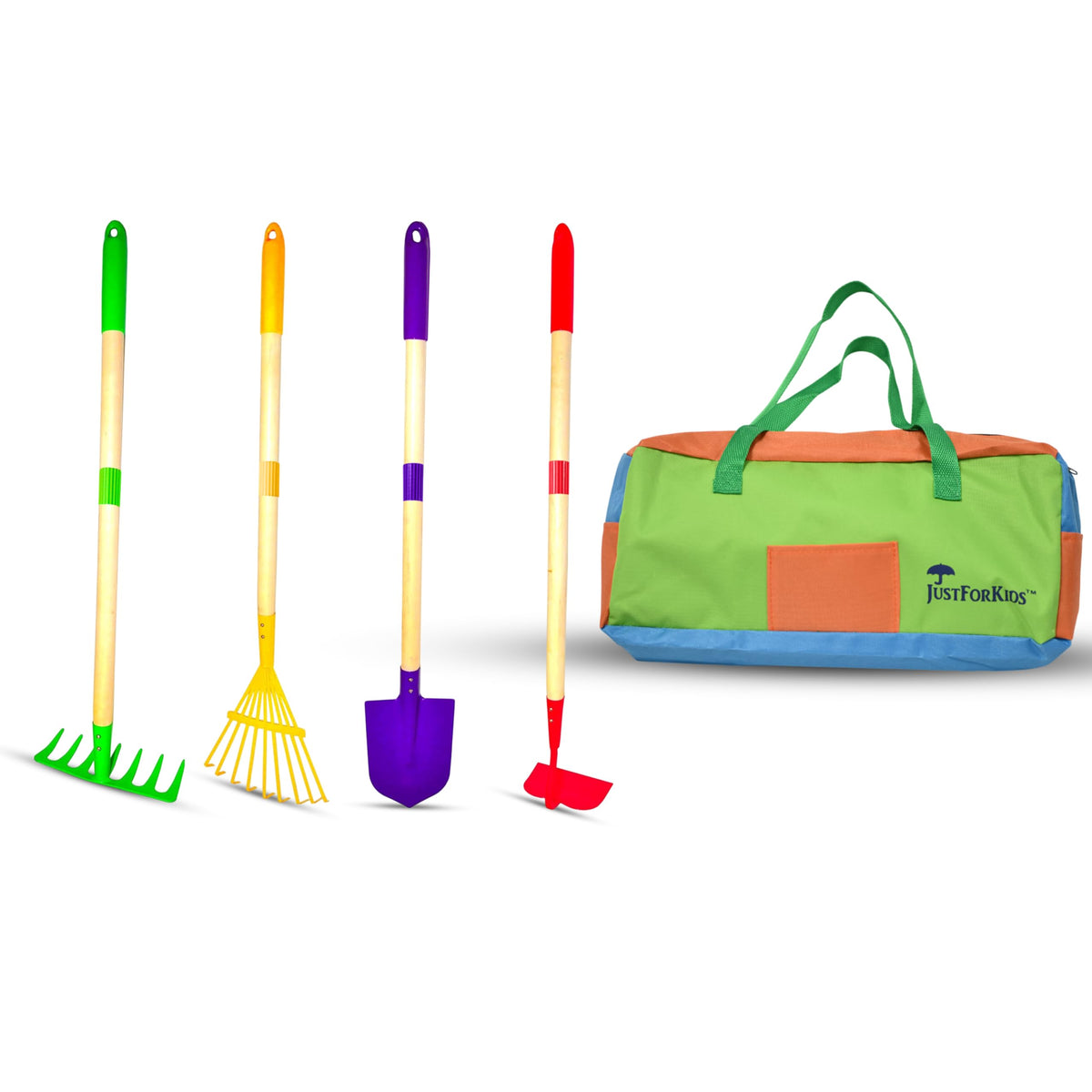 G & F Products JustForKids garden tool set features durable metal heads for budding gardeners.