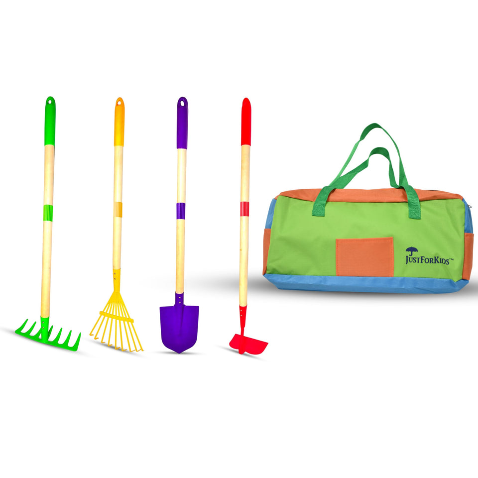G & F Products JustForKids garden tool set features durable metal heads for budding gardeners.