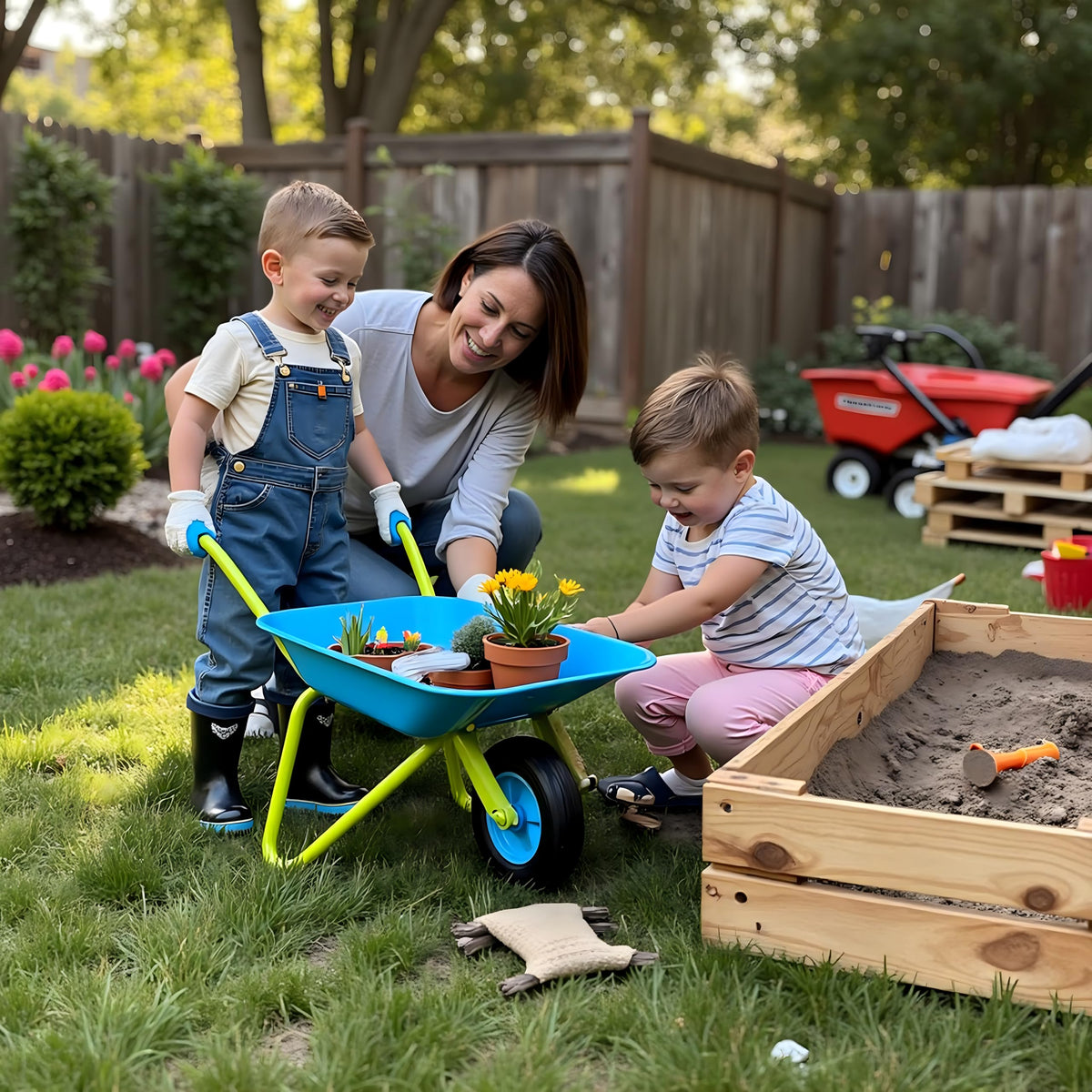 G & F Products kids garden setup with wheelbarrow for learning and play