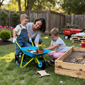 G & F Products kids garden setup with wheelbarrow for learning and play