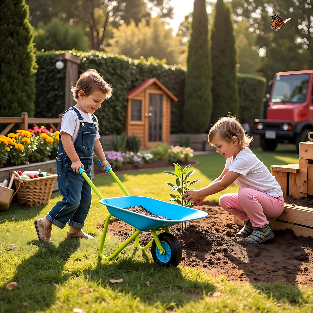 G & F Products wheelbarrow supports garden activity and imaginative play