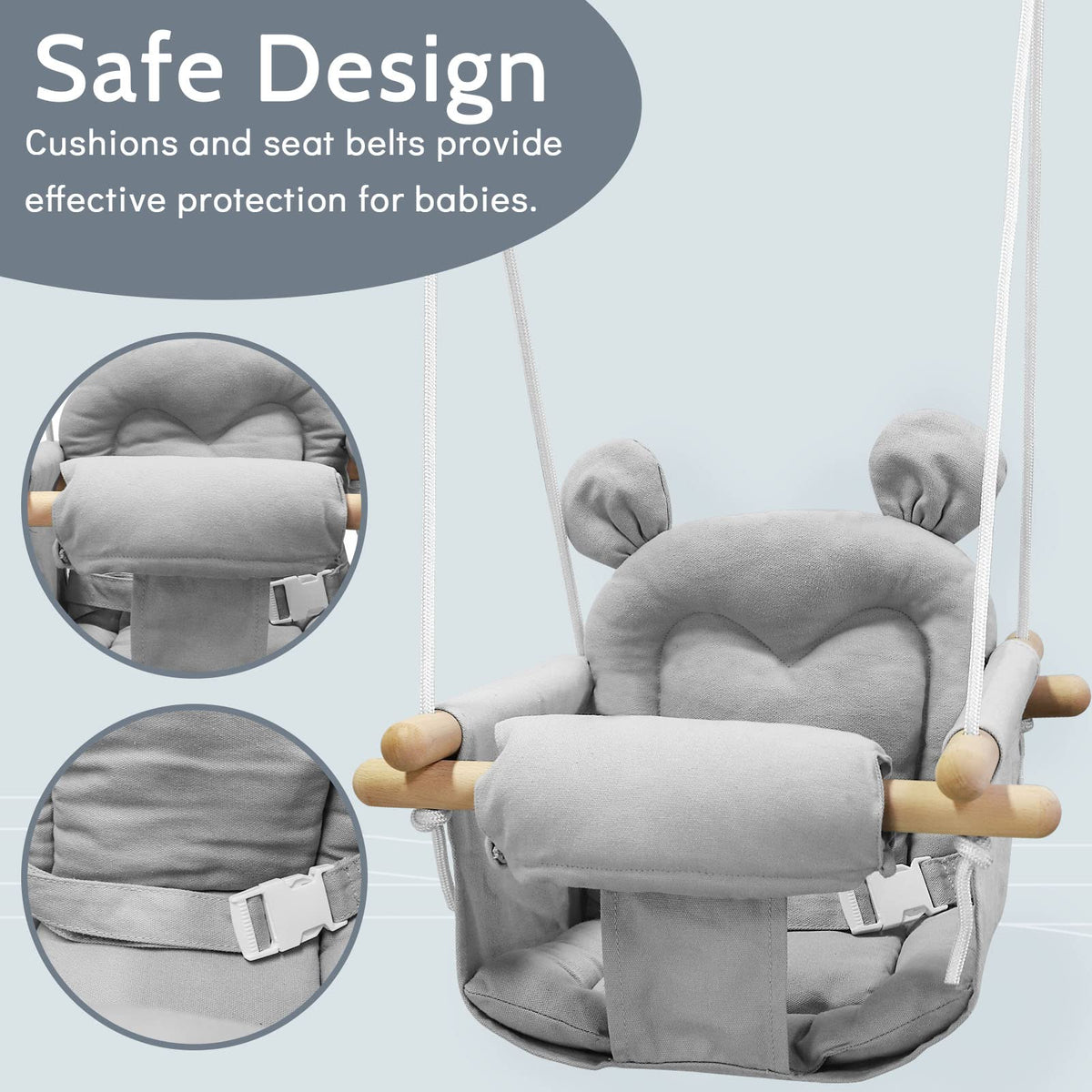 GFU Baby Swing wooden frame shown with smooth surface for safe comfortable sway