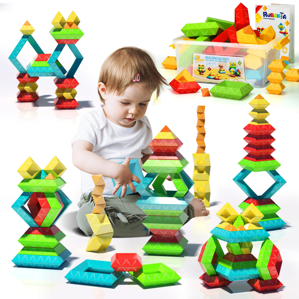 Ggiibro 40-piece pyramid building blocks set fosters fine motor skills and creativity.