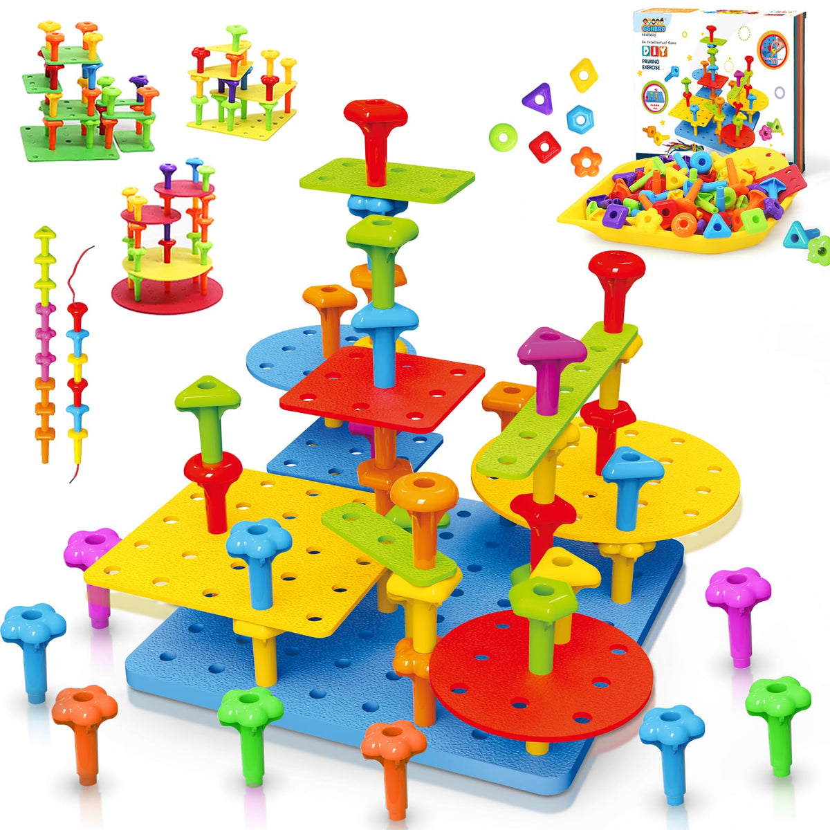 Ggiibro pegboard toy 73pcs in vibrant colors for creative STEM play.
