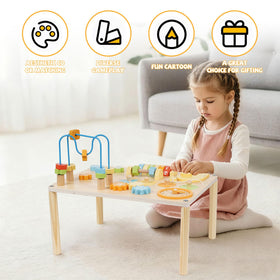 GHOOI gears toy on the wooden activity table promotes problem-solving and hand-eye coordination during interactive sessions.