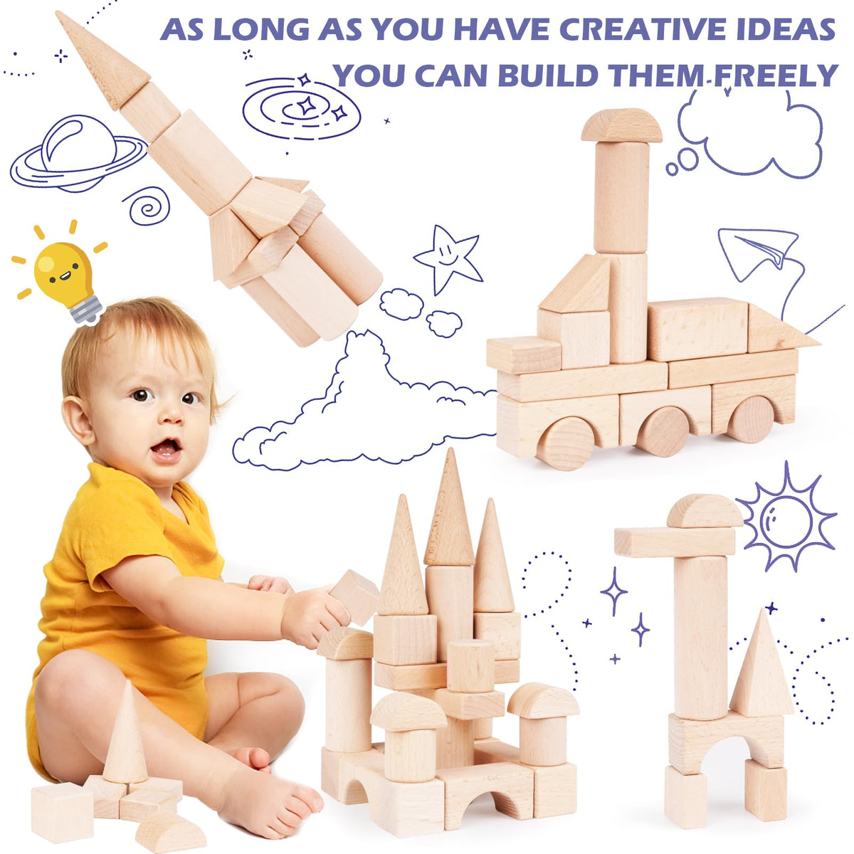 GHOOI stackable wooden blocks with smooth edges for safe, long-lasting play.