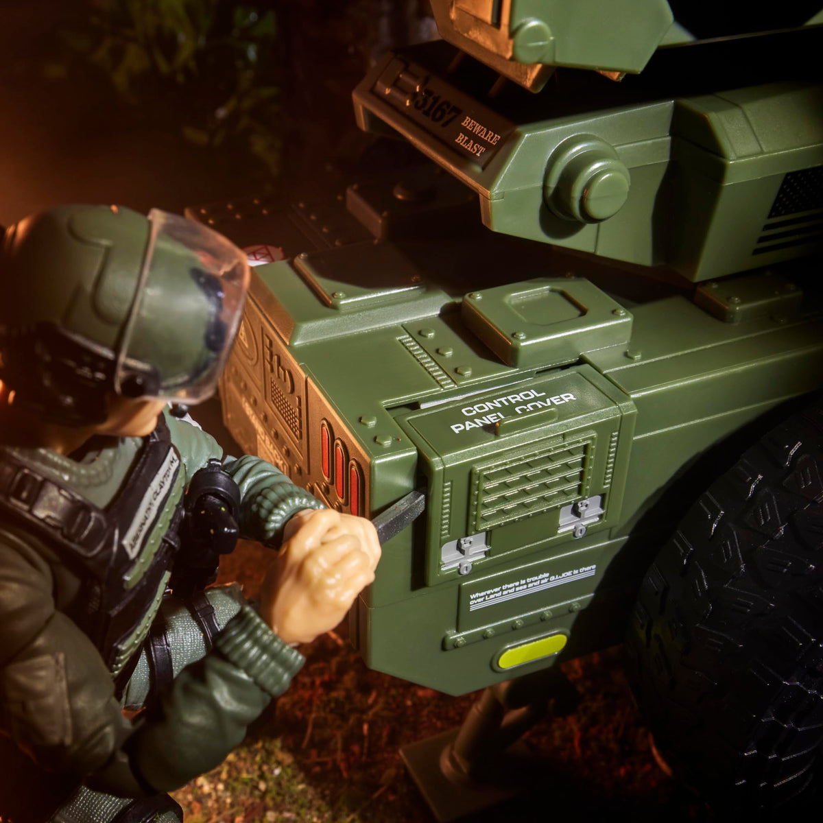 Hawk knife and detachable holster add realistic field gear.