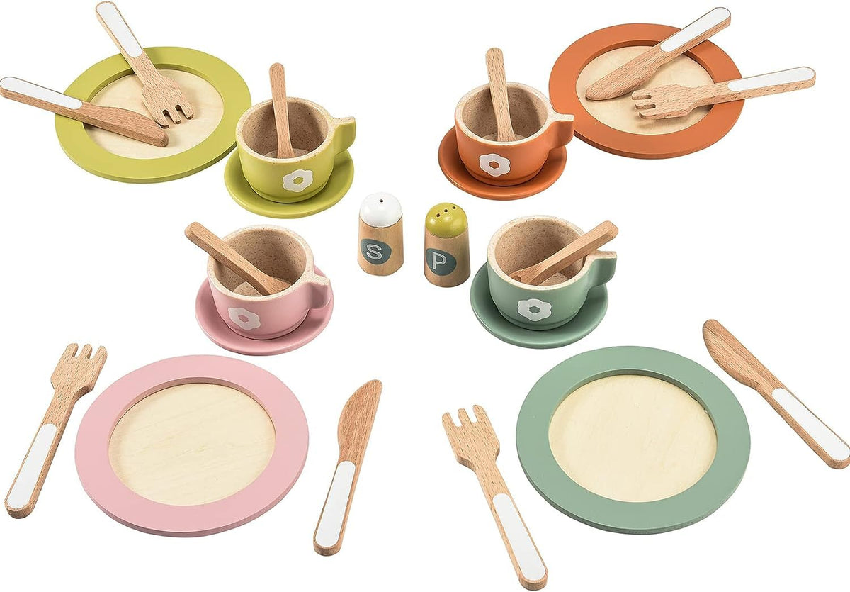Giant bean 27pcs wooden dinnerware laid out for pretend dining