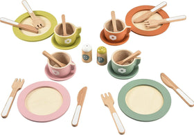 Giant bean 27pcs wooden dinnerware laid out for pretend dining