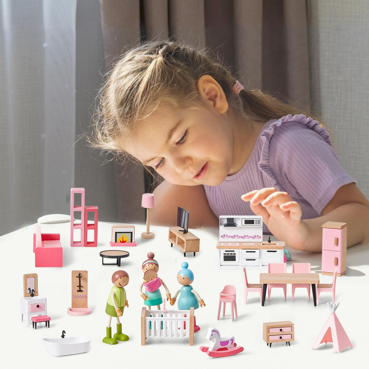 Giant bean 36pc dollhouse kitchen cabinet for organized imaginative play