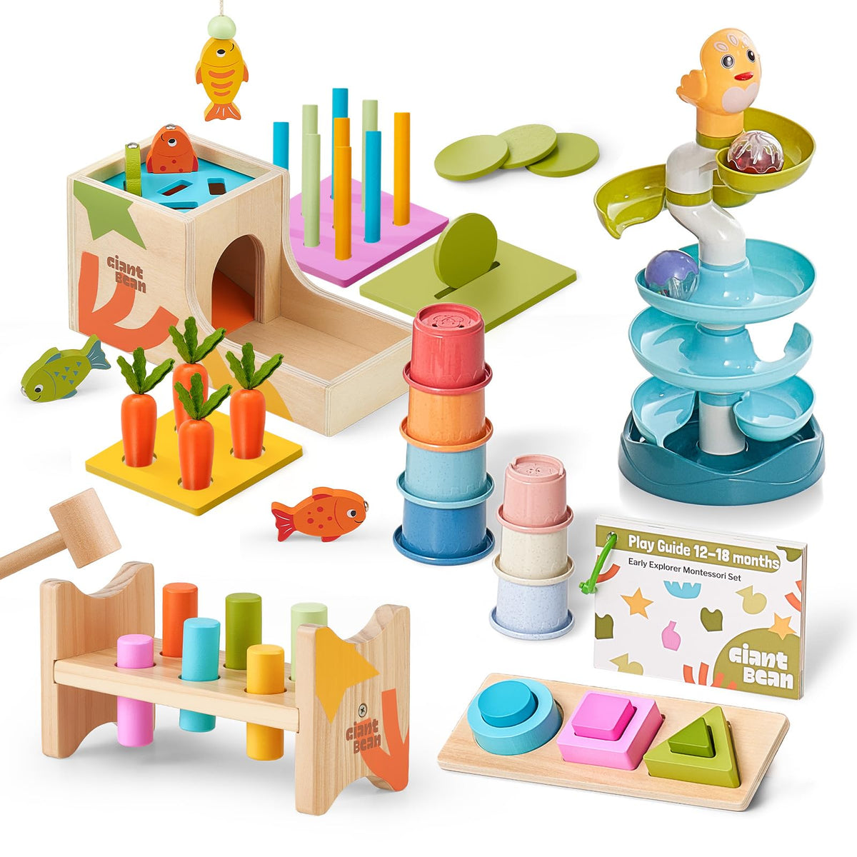 Giant Bean 8-in-1 wooden Montessori set with object permanence box boosts early problem solving
