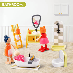 Giant Bean 85pcs dollhouse closet door opens for interactive wardrobe play.