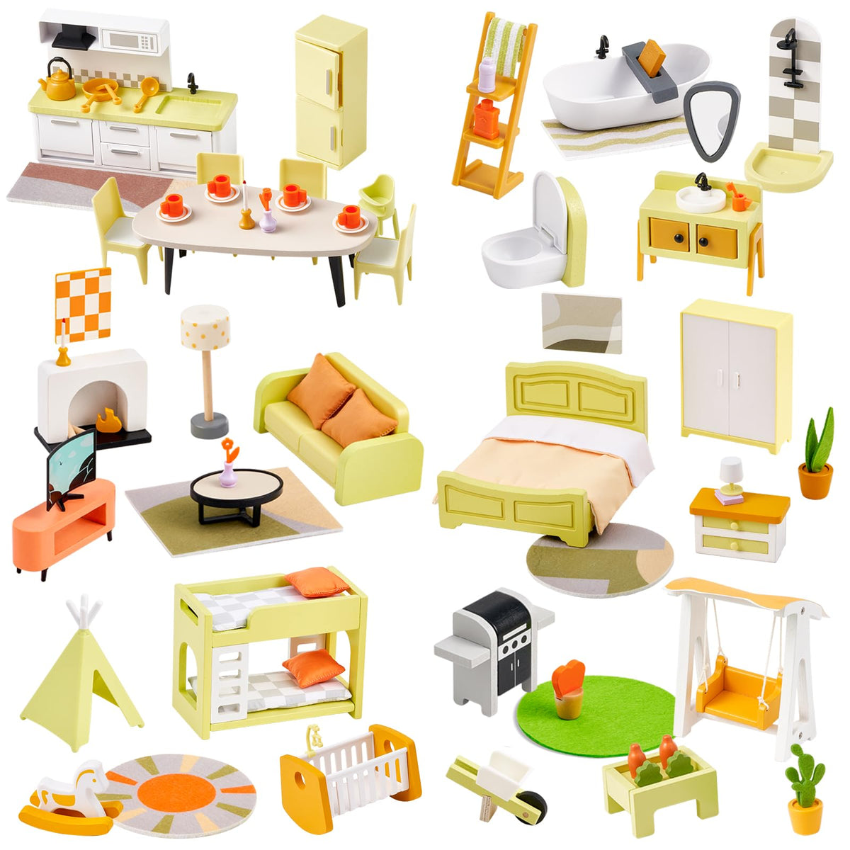 Giant Bean 85pcs dollhouse living room furniture with drawers for imaginative play.