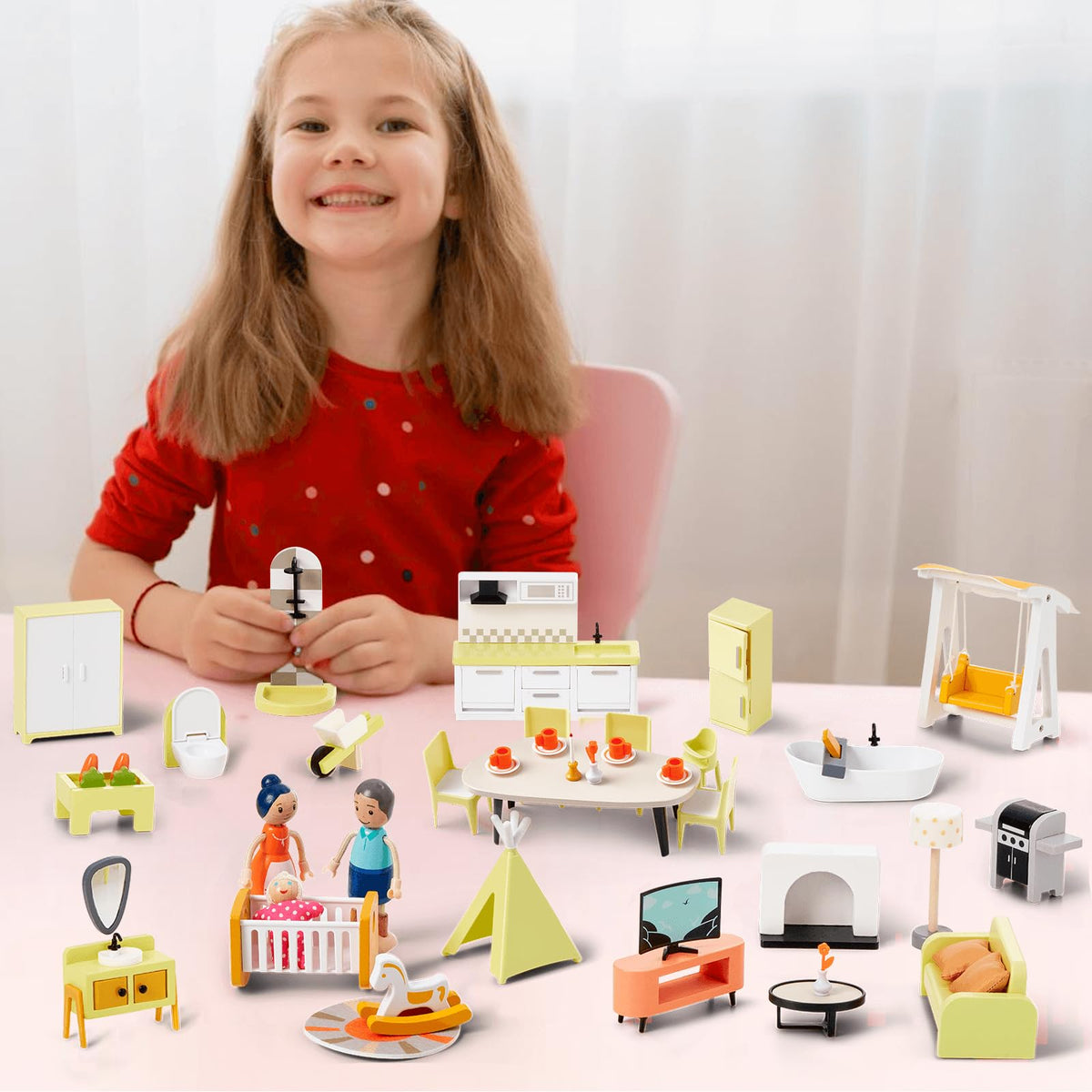 Giant Bean 85pcs dollhouse toilet lid opens for realistic mini scenes.
