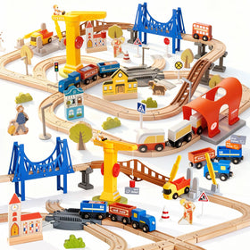 Giant Bean 94pcs wooden train set with bridge enhances creative play.