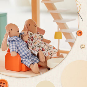 Removable clothes close-up on giant bean bunny for dress-up.