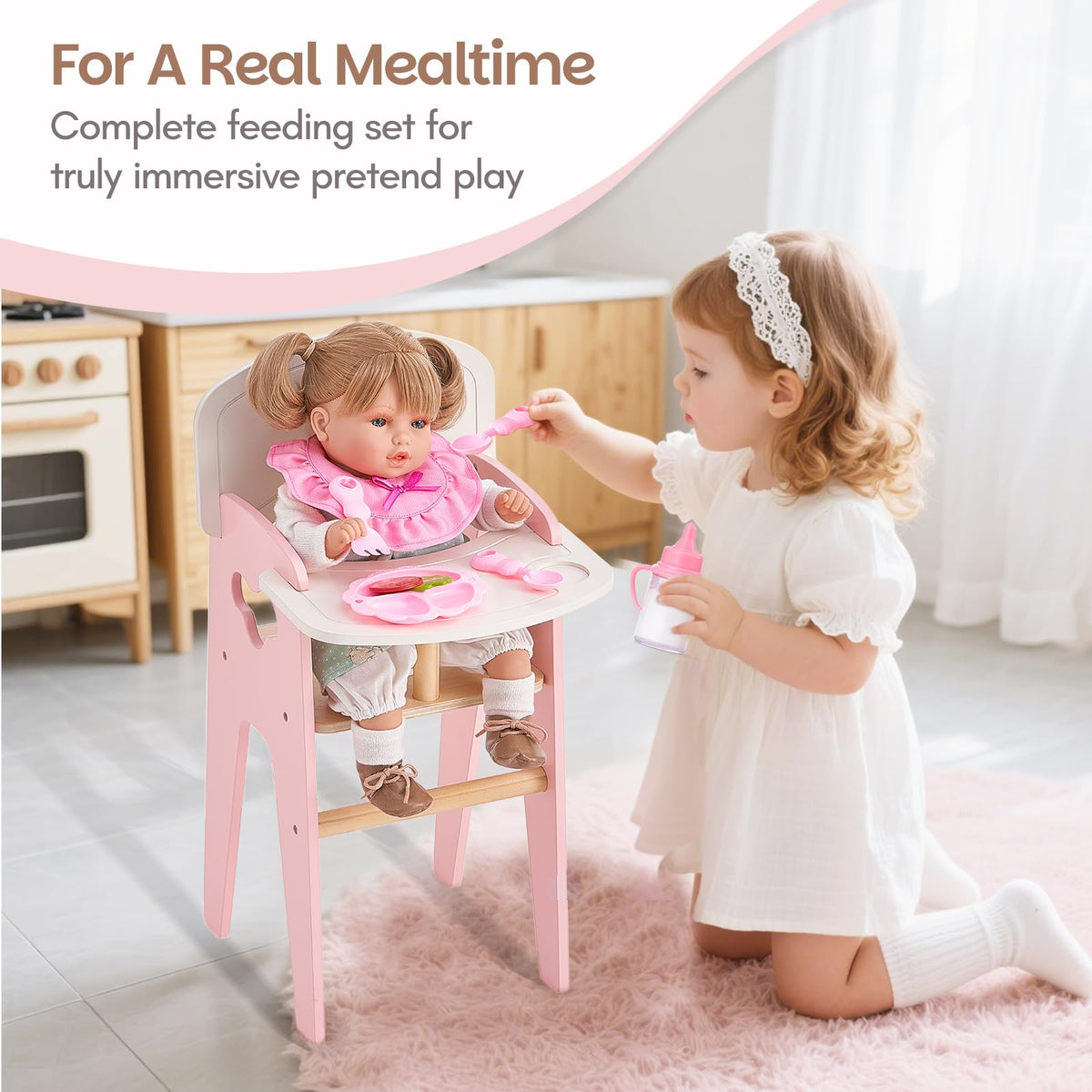 Giant bean doll feeding bib complements the set for tidy pretend meals.