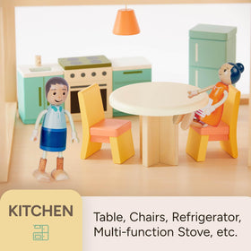 Giant bean dollhouse fridge and cabinets add realistic storage for play meals.