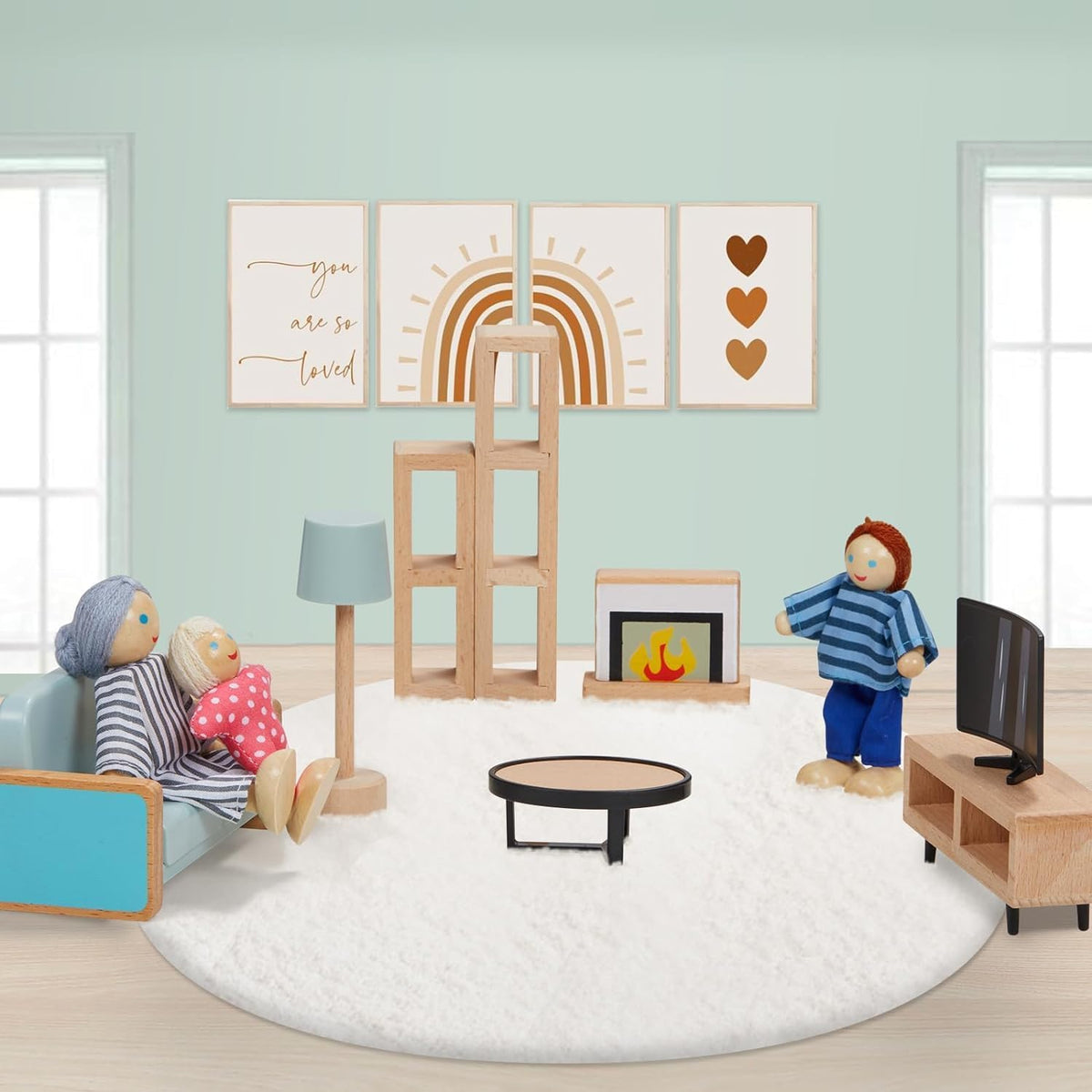 Giant Bean dollhouse kitchen cabinet with opening doors for interactive pretend meals.