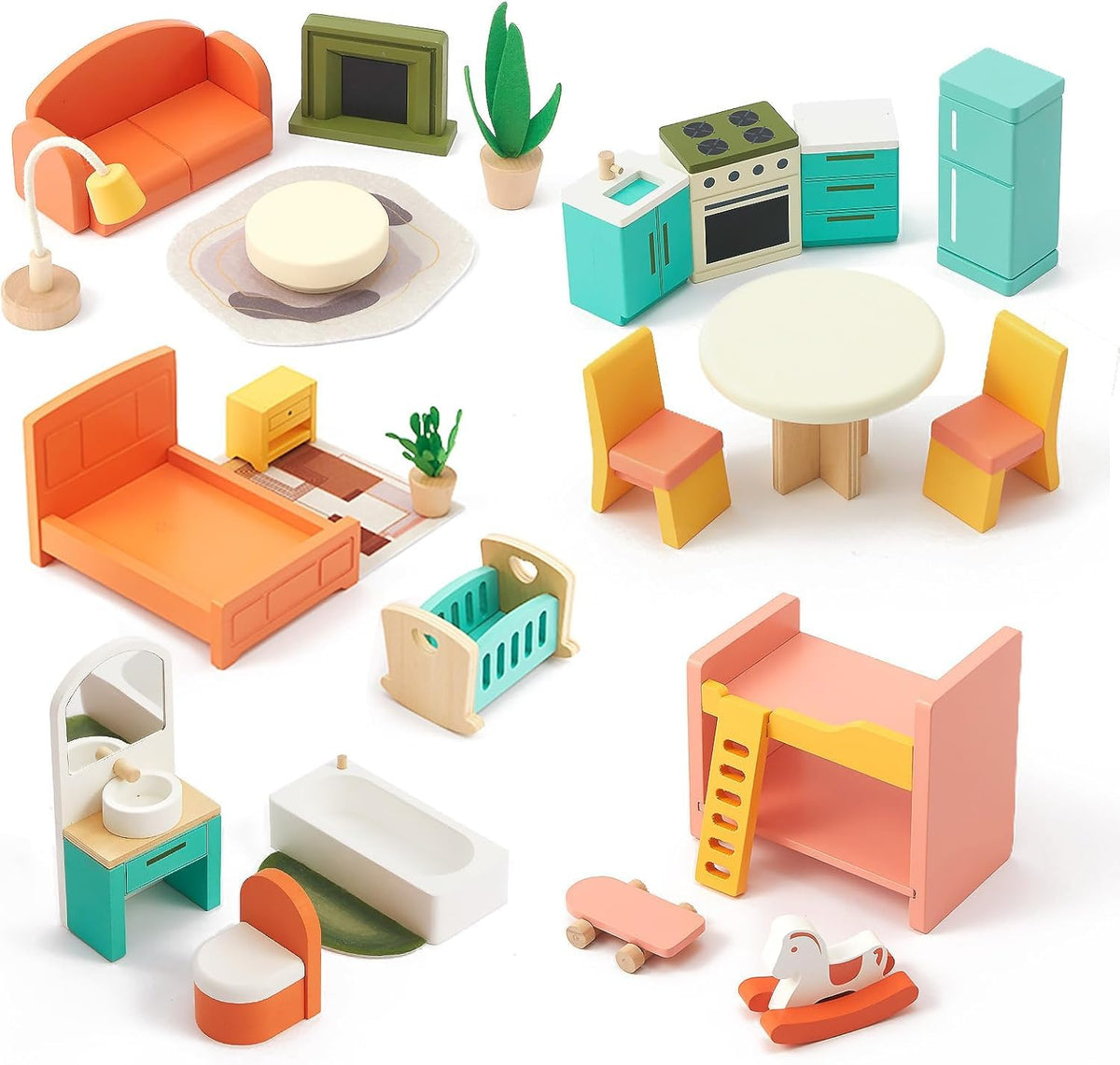 Giant bean dollhouse kitchen dining set in beech wood for imaginative meals.