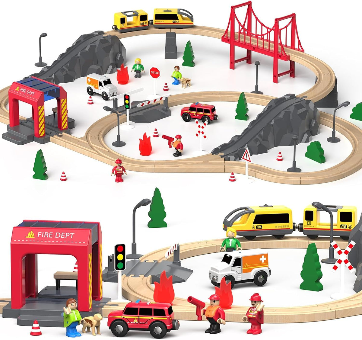 Giant Bean fire station train set with colorful wooden tracks for imaginative playtime.