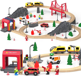 Giant Bean fire station train set with colorful wooden tracks for imaginative playtime.