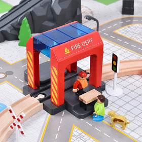 Giant Bean fire truck and wooden ambulance enhance rescue-themed pretend play.