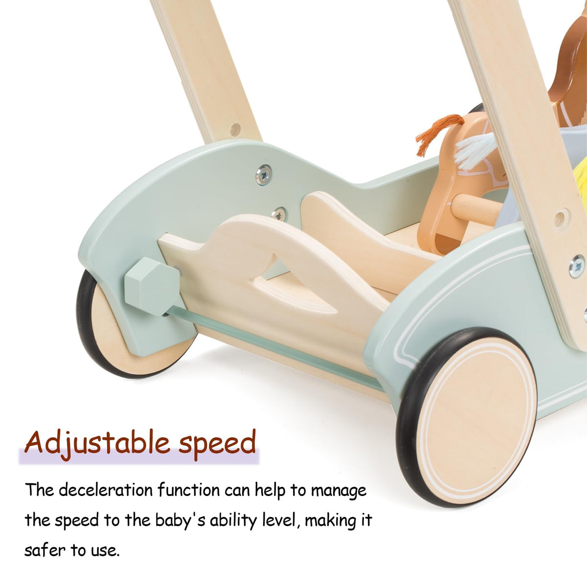 Giant bean Galloping Ponies walker beads image shows three sliding wooden beads for play.