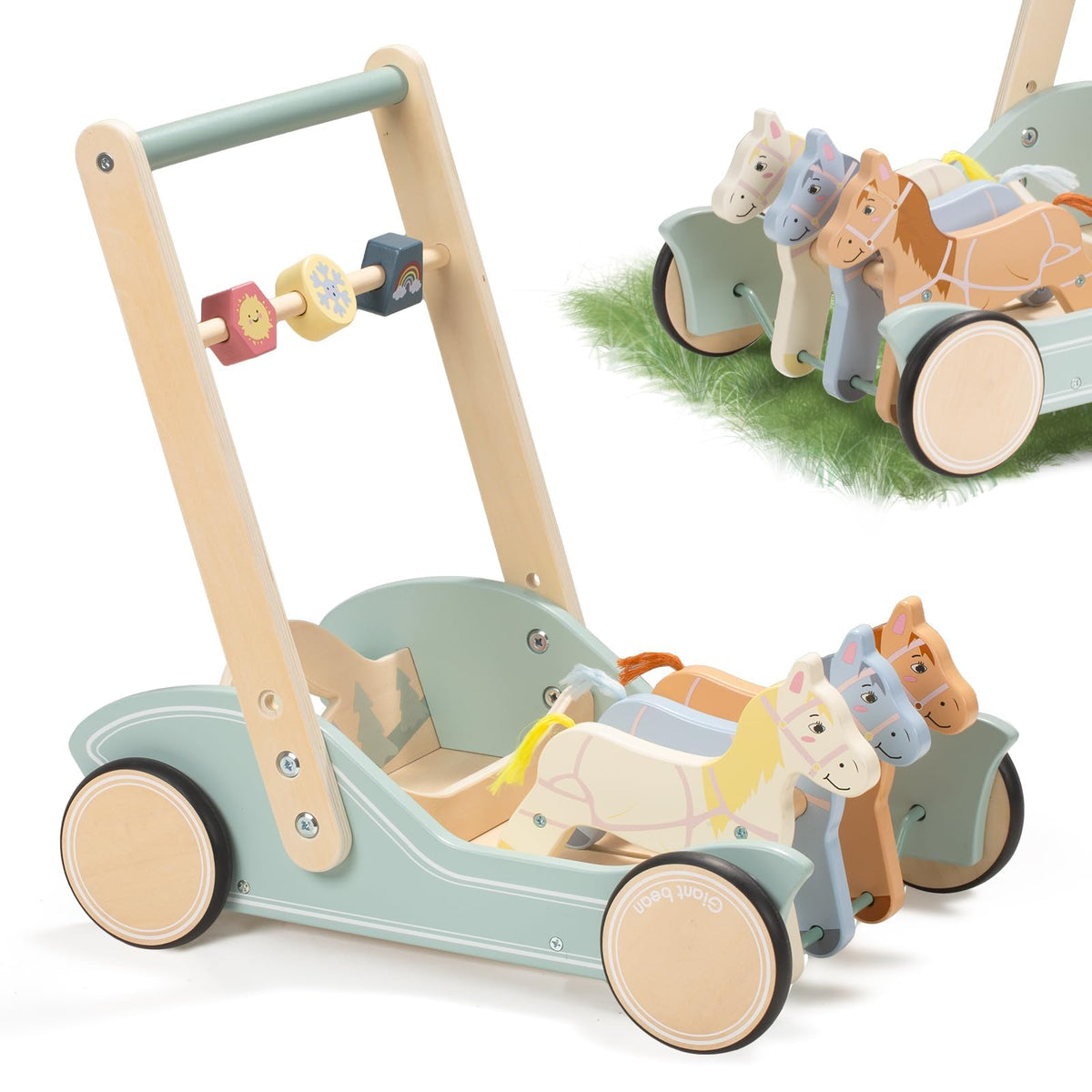 Giant bean Galloping Ponies walker front view shows sturdy wooden construction for active toddlers.