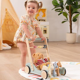 Giant bean Galloping Ponies walker side view highlights adjustable height for growing kids.