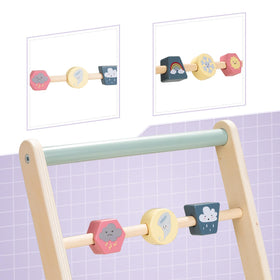Giant bean Galloping Ponies walker wheels close-up shows rubber coating for floor protection.