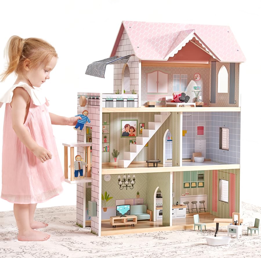 Giant bean Large Pink Dollhouse exterior front view showing sturdy wood for imaginative play