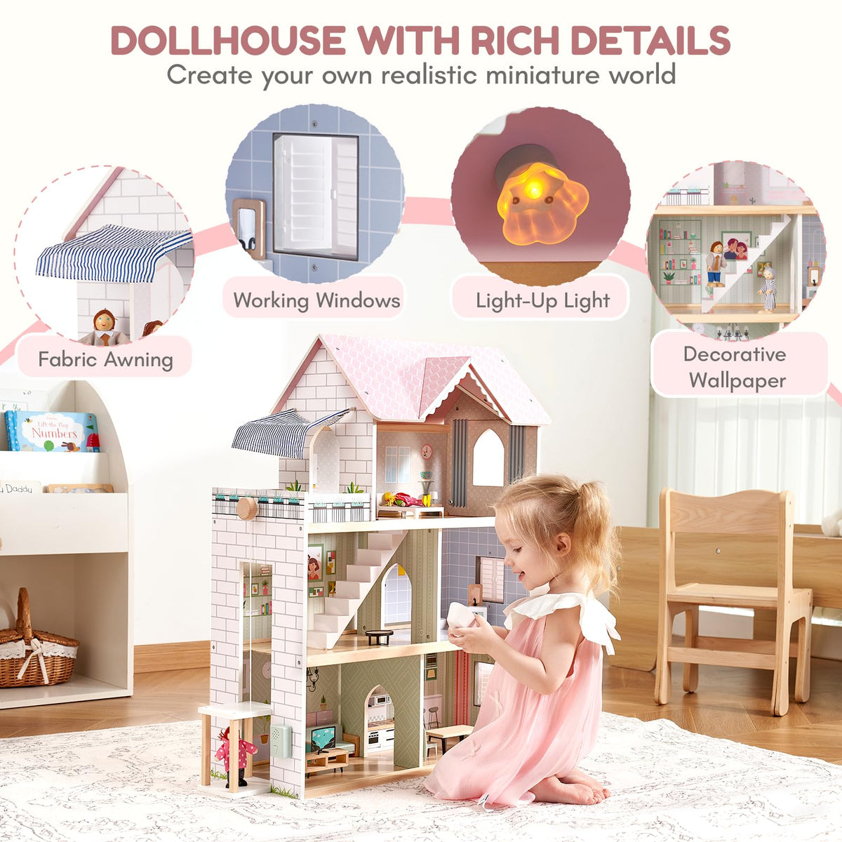 Giant bean Large Pink Dollhouse lights turned on for cozy bedtime scenes