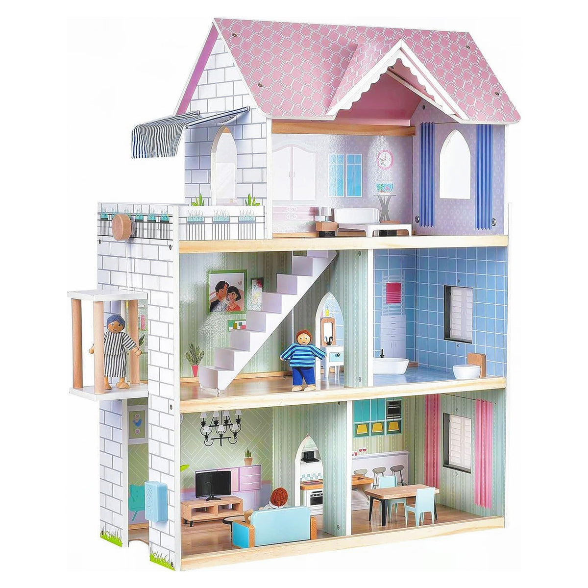 Giant bean Large Pink Dollhouse 3-story interior showing open layout for dolls