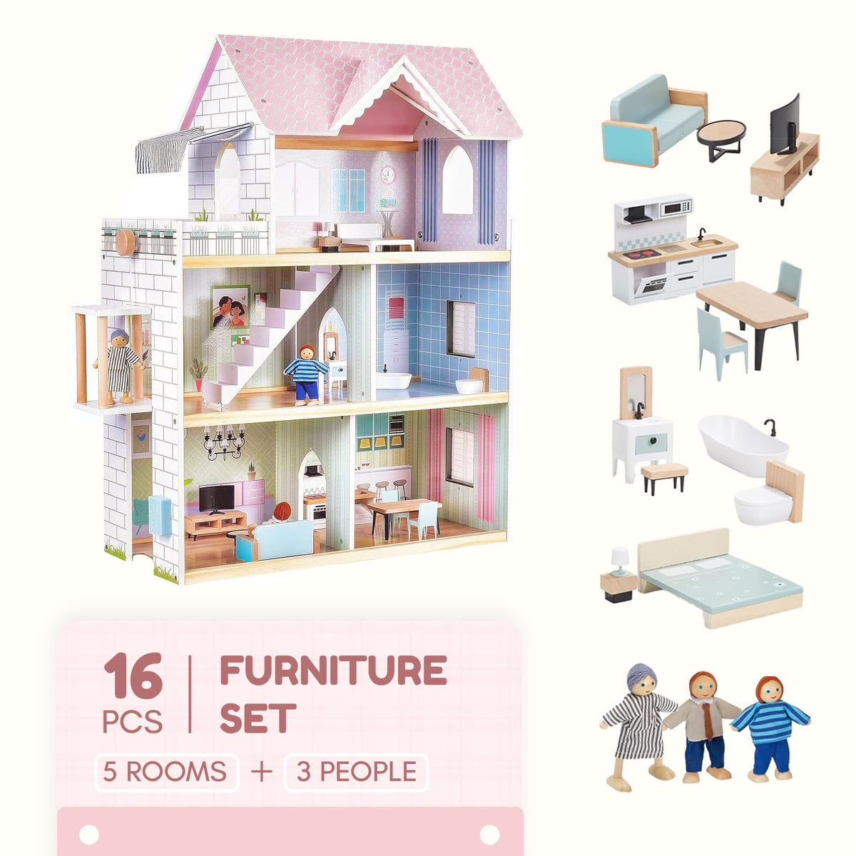 Giant bean Large Pink Dollhouse realistic windows and openable walls for interactive play