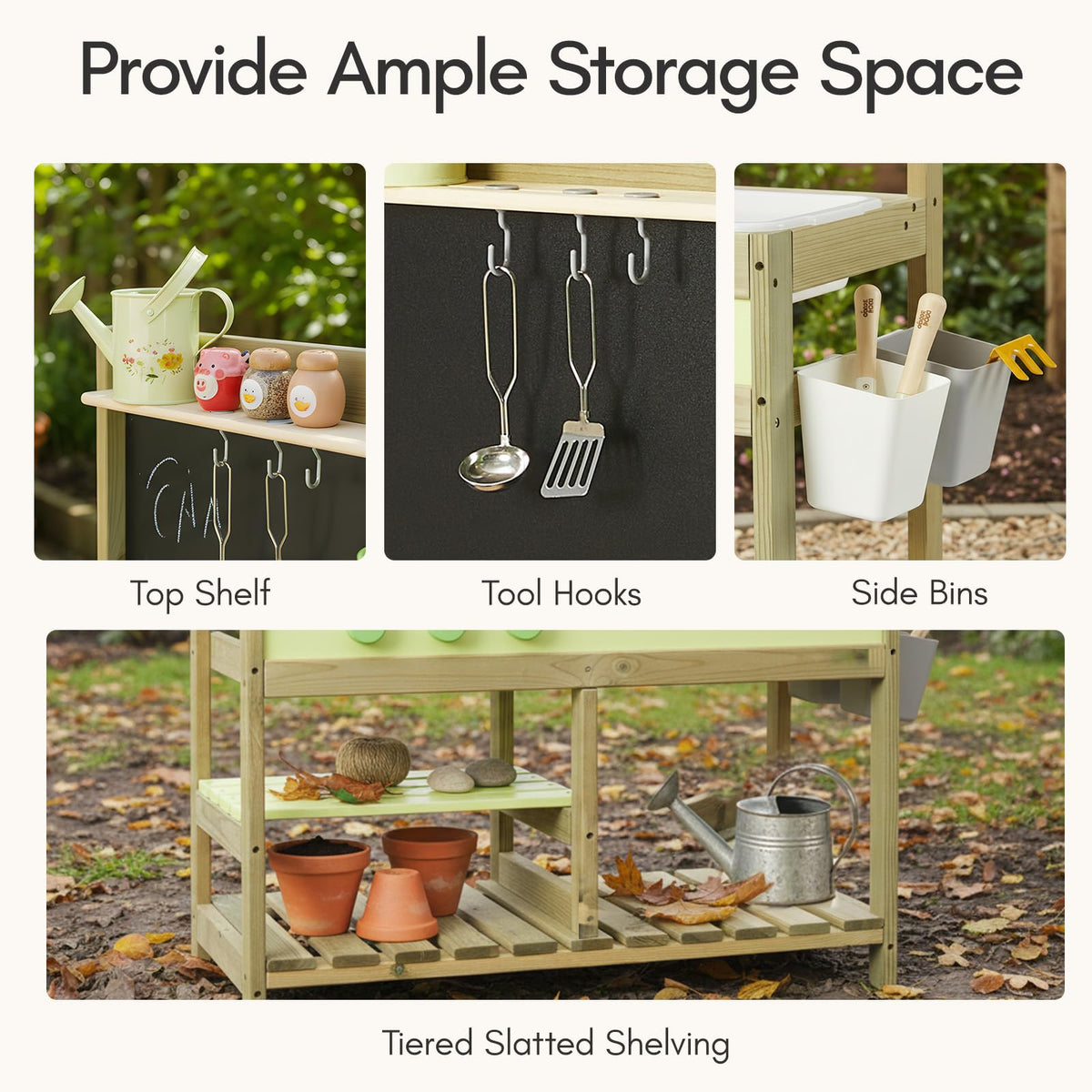 Giant Bean mud kitchen chalkboard and storage bins support organized outdoor play