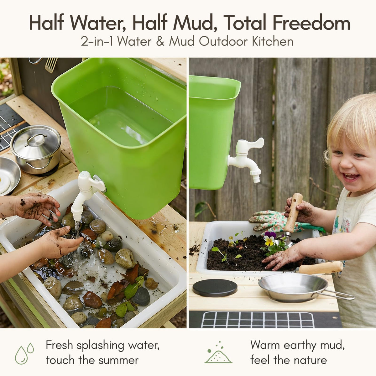 Giant Bean mud kitchen water tank close-up showing 4.8L capacity for continuous water