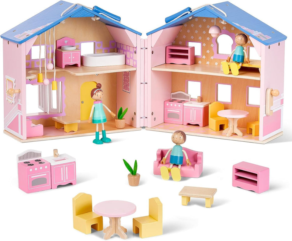 Giant bean pink dollhouse folded case with handle for easy transport.