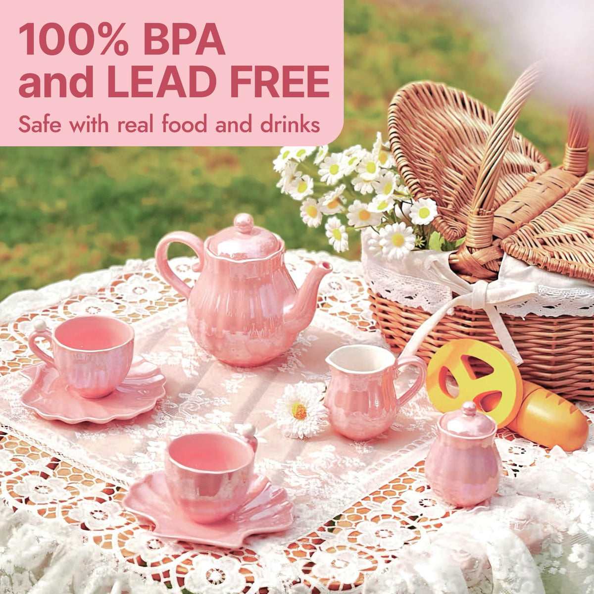 Giant Bean Porcelain Tea Set cups with pearl detailing for kids' social tea play.