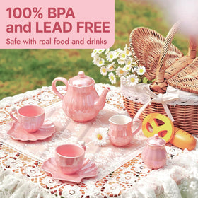 Giant Bean Porcelain Tea Set cups with pearl detailing for kids' social tea play.