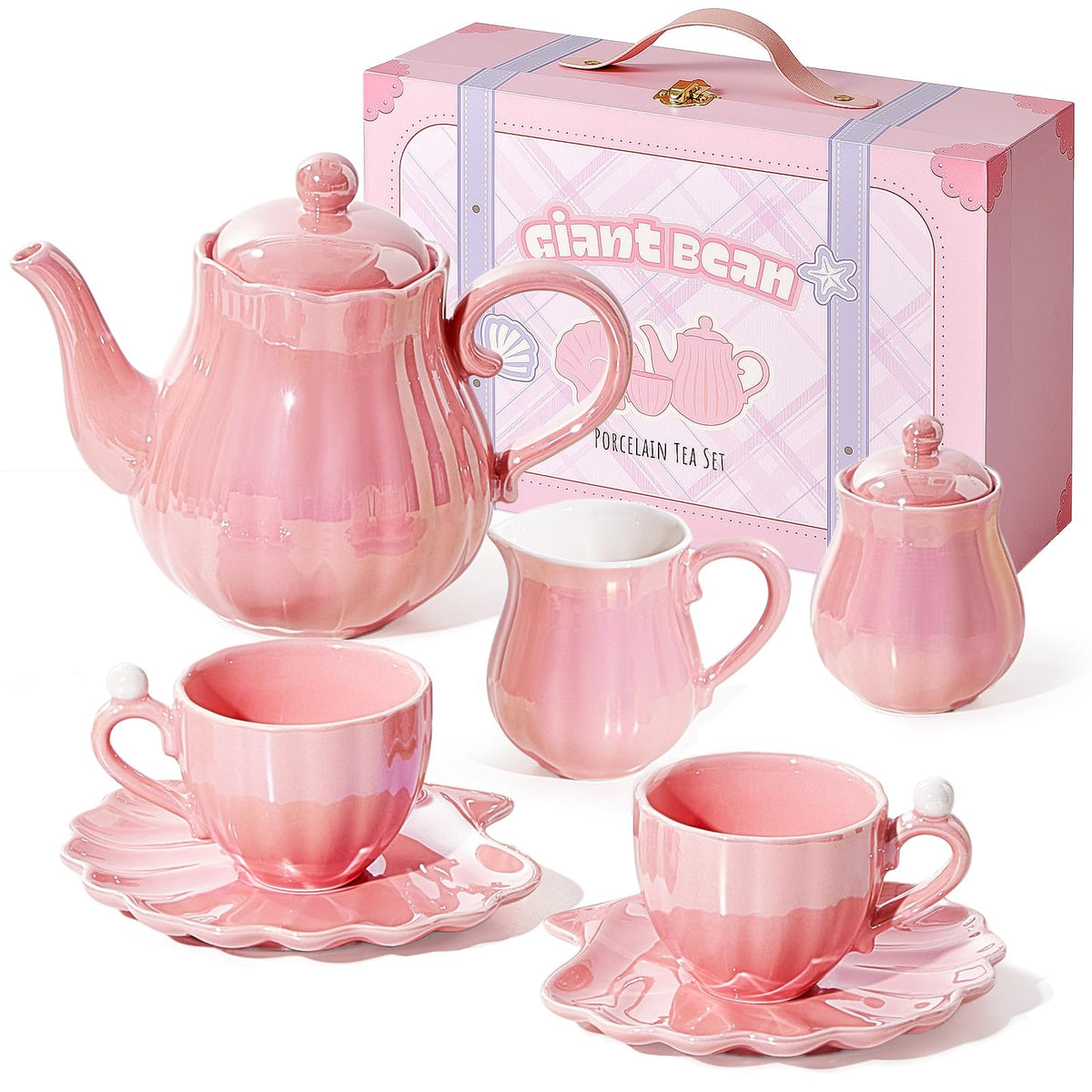 Giant Bean Porcelain Tea Set teapot with pearl-pink shimmer for elegant pretend tea parties.