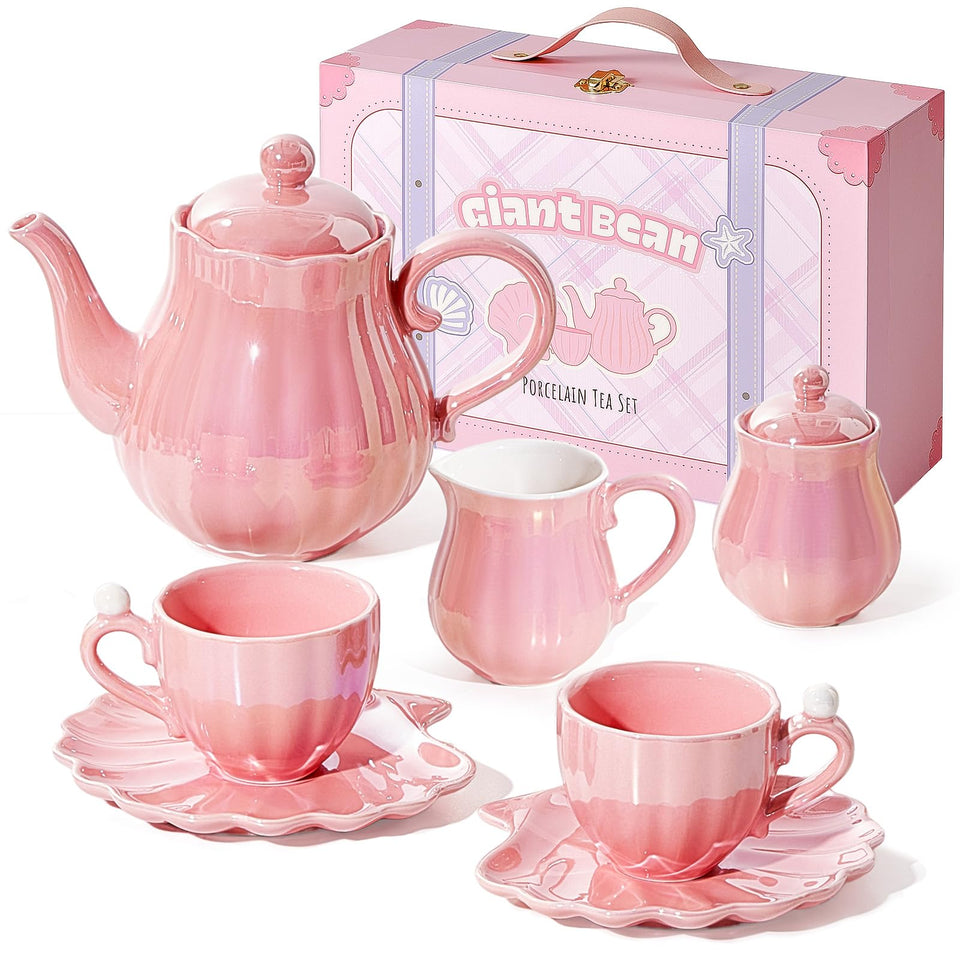 Giant Bean Porcelain Tea Set teapot with pearl-pink shimmer for elegant pretend tea parties.