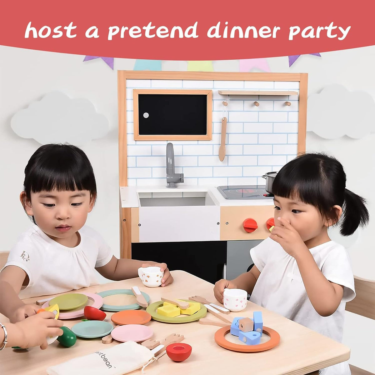 Giant bean toddler kitchen playset displayed with plates and utensils