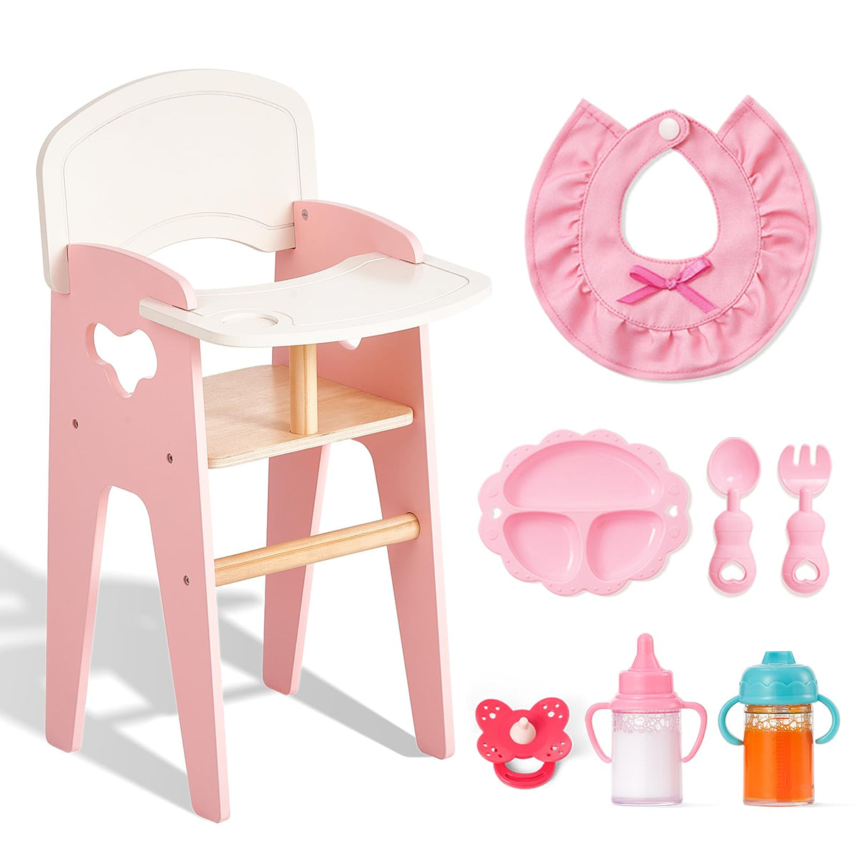 Giant bean wooden doll high chair for realistic mealtime pretend play.