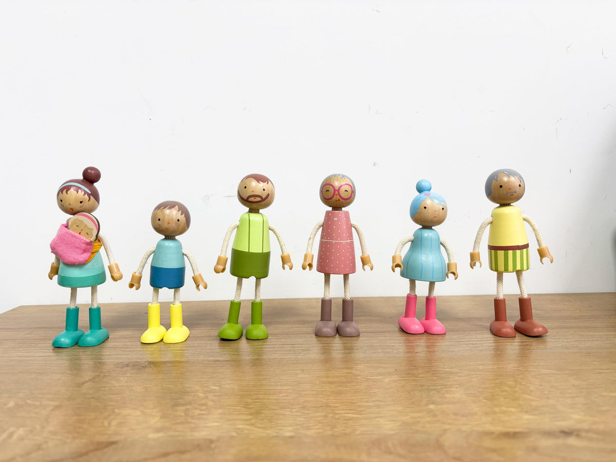 Giant Bean wooden family dolls set – baby figure adds nurturing story options