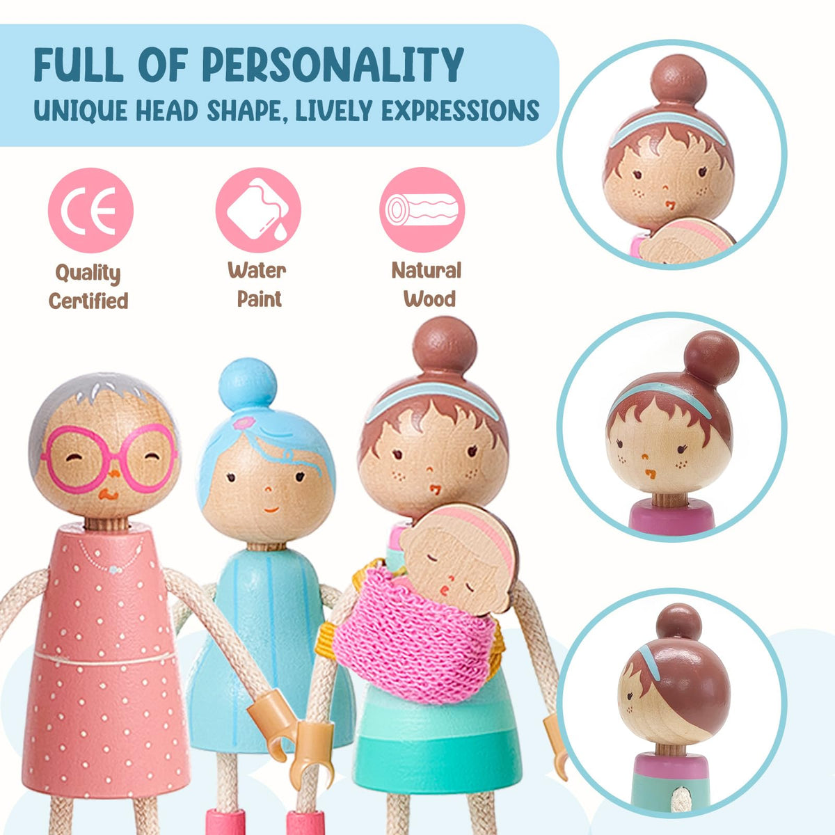 Giant Bean wooden family dolls set – children figure sparks creative pretend play