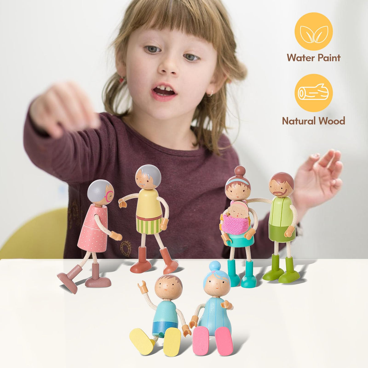 Giant Bean wooden family dolls set – poseable arms and legs for dynamic scenes