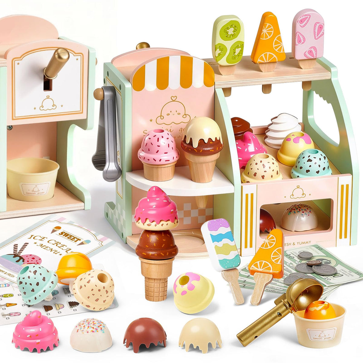 Giant Bean wooden ice cream play set with drop-down dispenser supports imaginative pretend play